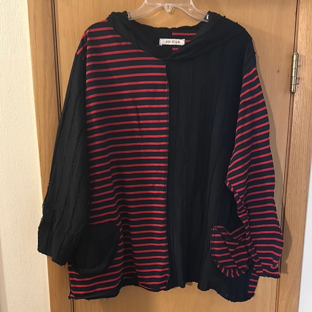 Aug 27 AM Women’s Striped Color Block Hooded Sweatshirt Red Black Lagenlook